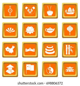 China travel symbols icons set in orange color isolated vector illustration for web and any design