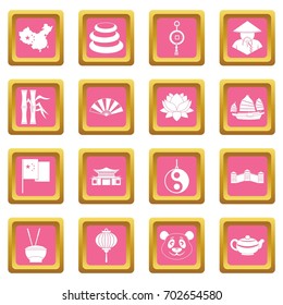 China travel symbols icons set in pink color isolated vector illustration for web and any design