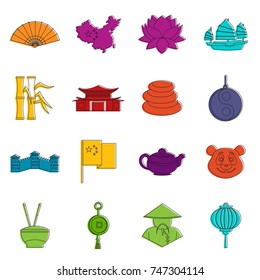 China travel symbols icons set. Doodle illustration of vector icons isolated on white background for any web design