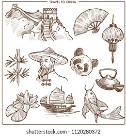 China travel symbols and vector sketch landmarks