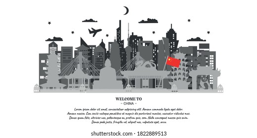 China Travel Ticket Postcard, poster, tour advertising of world famous landmarks of China. Vector illustration.