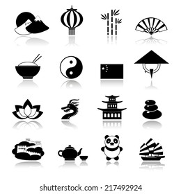 China travel traditional culture symbols black icons set with dragon panda rice isolated vector illustration