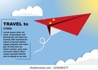China travel vector banner with paper flag and text space, China country flag on paper plane, holiday and vacation concept, summer travel template and pattern, flight ticket idea