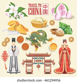 China travel vector illustration. Chinese set with architecture, food, costumes, traditional symbols in vintage style. Chinese text means China
