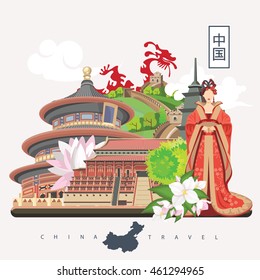 China travel vector illustration. Chinese set with architecture, food, costumes, traditional symbols in vintage style. Chinese text means China