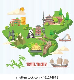 China travel vector illustration. Chinese set with architecture, food, costumes, traditional symbols in vintage style. Chinese text means China