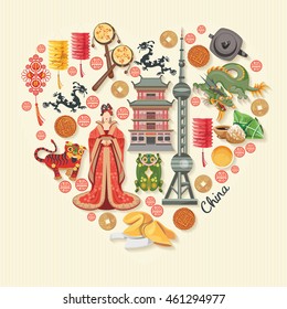 China travel vector illustration. Chinese set with architecture, food, costumes, traditional symbols in vintage style. Chinese text means China