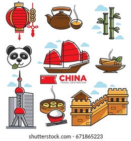 China travelling map with national sightseeings vector poster