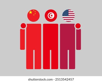 China, Tunisia, and USA National Flags With Embracing Body. Vector Illustration. Isolated background.