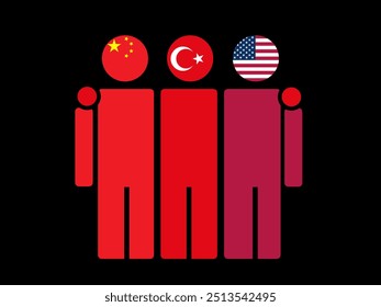China, Turkey, and USA National Flags With Embracing Body. Vector Illustration. Isolated background.