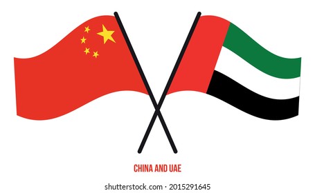 China and UAE Flags Crossed And Waving Flat Style. Official Proportion. Correct Colors.