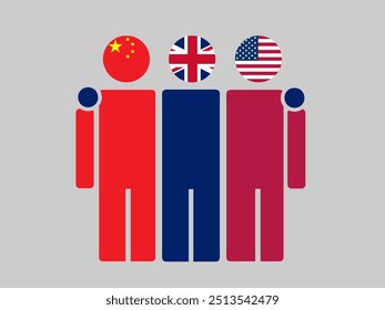 Banderas nacionales de China, Reino Unido y Estados Unidos con cuerpo abrazado. Ilustración vectorial. Fondo aislado.