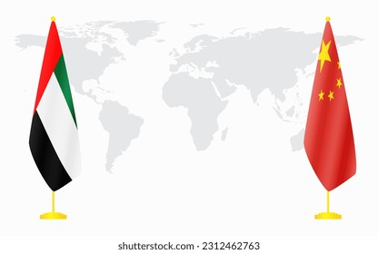 China and United Arab Emirates flags for official meeting against background of world map.