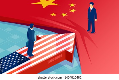 China and United States trade war conflict concept. Vector of two opposing flags, businessmen, trading partners as symbol of economic dispute.