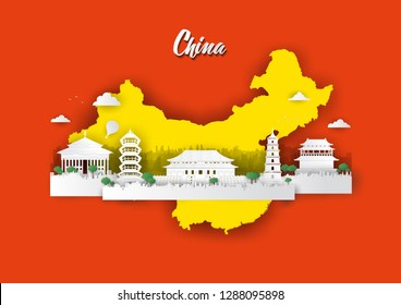 China with urban skyscrapers, Paper art 3d from digital craft style