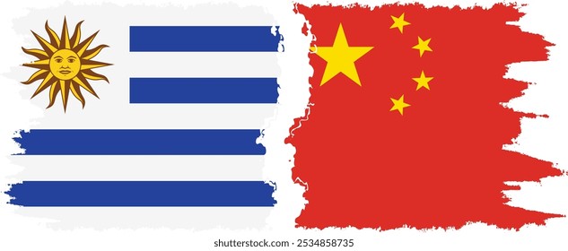 Conexión de banderas grunge de China y Uruguay, Vector