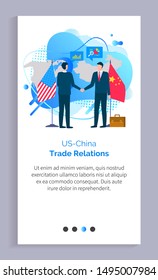 China and US business relations vector, people at meeting shaking hands, flags of countries, representatives wearing suits and formalwear. Website or app slider template, landing page flat style