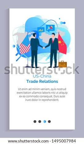 China and US business relations vector, people at meeting shaking hands, flags of countries, representatives wearing suits and formalwear. Website or app slider template, landing page flat style