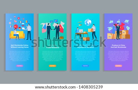 China Us trade relations vector, webpages with info and businessman with woman. Parcels and delivery service shipment of cargo and boxes products