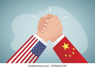 China and USA Economic conflict concept. USA and China shaking hands or arms wrestling.