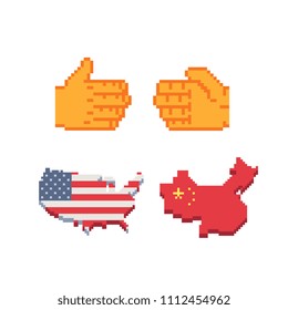 China and USA handshake, symbol for the friendship between the two countries, maps with flags, pixel art icons. 8-bit sprite. Design for mobile app, web, sticker, logo.