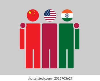 Banderas nacionales de China, Estados Unidos e India con cuerpo abrazado. Ilustración vectorial. Fondo aislado.