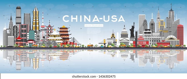 China and USA Skyline with Gray Buildings, Blue Sky and Reflections. Famous Landmarks. Vector Illustration. USA and China Trade War Concept.