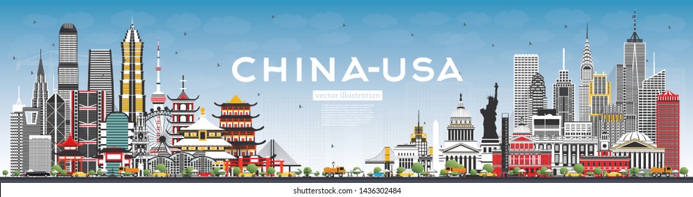 China and USA Skyline with Gray Buildings and Blue Sky. Famous Landmarks. Vector Illustration. USA and China Trade War Concept.