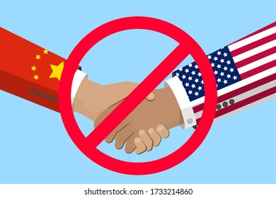 China and USA trade war, business and economics conflict. Chinese and american flags on hands. Stock vector illustration