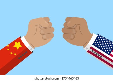 China and USA trade war, business and economics conflict. fist with chinese and american flag. Stock vector illustration