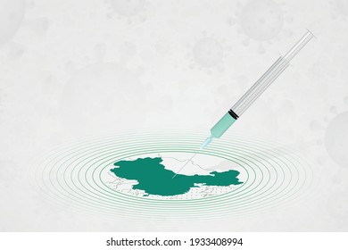China vaccination concept, vaccine injection in map of China. Vaccine and vaccination against coronavirus, COVID-19. Vector template about Healthcare.