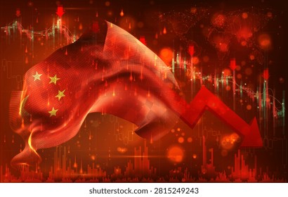 China, vector 3d flag financial exchange trend down