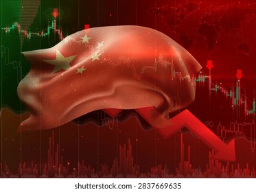 China, vector 3d flag financial exchange trend down
