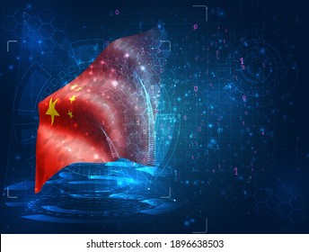 China, vector 3d flag on blue background with hud interfaces