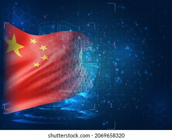 China, vector 3d flag on blue background with hud interfaces