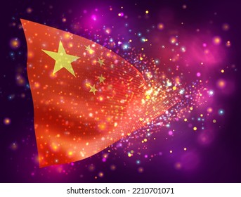 China, vector 3d flag on pink purple background with lighting and flares