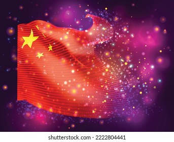 China, bandera vectorial 3d sobre fondo púrpura rosa con iluminación y bengalas