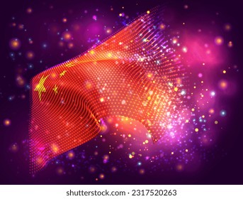 China, vector 3d flag on pink purple background with lighting and flares