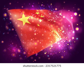 China, vector 3d flag on pink purple background with lighting and flares