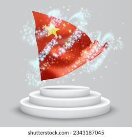 China, vector 3d flag on the podium surrounded by a whirlwind of magical radiance
