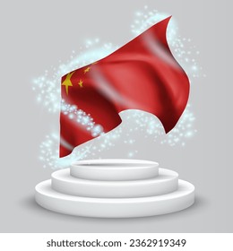 China, vector 3d flag on the podium surrounded by a whirlwind of magical radiance