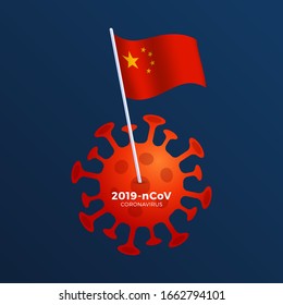 China vector flag pinned to a coronavirus. Stop 2019-nCoV outbreak. Coronavirus danger and public health risk disease and flu outbreak. Pandemic medical concept with dangerous cells