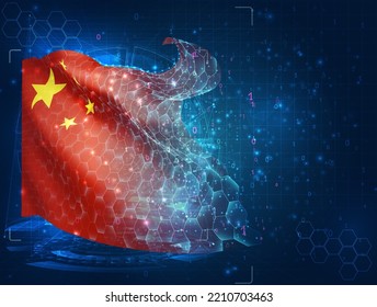 China,  vector flag, virtual abstract 3D object from triangular polygons on a blue background