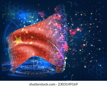 China,  vector flag, virtual abstract 3D object from triangular polygons on a blue background
