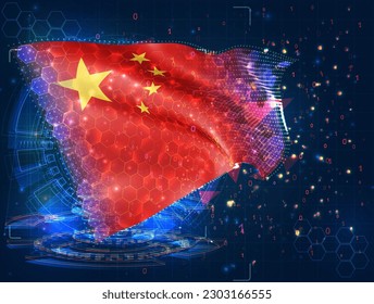 China,  vector flag, virtual abstract 3D object from triangular polygons on a blue background