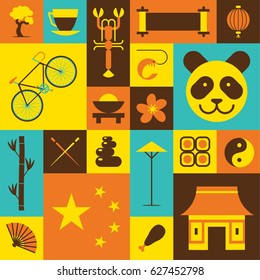 China, vector flat illustration, icon set, travel background. Tree, tea, crab, lantern, bicycle, food, flower, panda, bamboo, fun, flag, umbrella, building, sushi, chicken