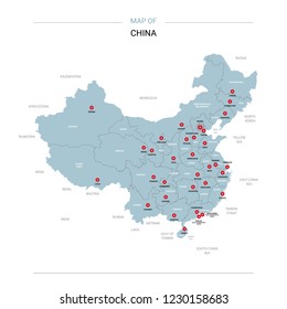 China vector map. Editable template with regions, cities, red pins and blue surface on white background. 