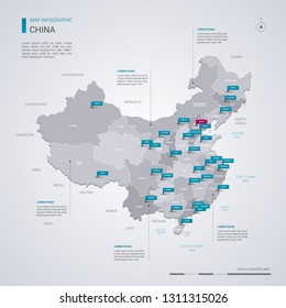 China vector map with infographic elements, pointer marks. Editable template with regions, cities and capital Beijing. 