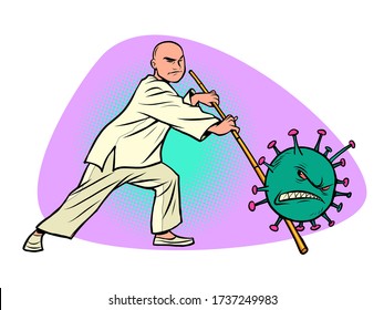 China victory in the epidemic of coronavirus covid 19. Wushu fighter beats the virus with a combat pole. Comics caricature pop art retro illustration drawing