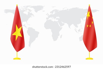 China and Vietnam flags for official meeting against background of world map.